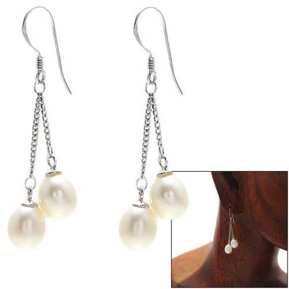LOVELY STERLING SILVER TWIN OVAL FRESHWATER PEARLS ON CHAINS DANGLING EARRINGS. - Picture 1 of 3